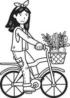 mulher desenhada de mão andando de bicicleta com legumes e frutas em uma ilustração de cesta vetor