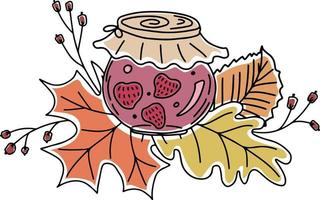 doodle estilo vector geléia de morango com decoração de folhas de outono, isoladas no fundo branco