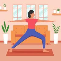 mulher fazendo yoga em casa vetor