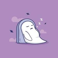 ilustração do ícone dos desenhos animados de um fantasma adormecido em uma lápide. conceito de dia das bruxas. design premium simples vetor