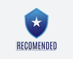 distintivo de logotipo recomendado azul com ícone de texto e escudo vetor