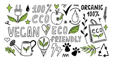 conjunto de vetores eco doodles. símbolos de cuidado ambiental - bioenergia, reciclagem, alimentos orgânicos. vá verde, desperdício zero. bioenergia, produto natural. ilustração isolada no branco. clipart para cartazes, imprimir