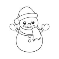 bonito homem de neve vestindo um chapéu de Papai Noel e um cachecol contorno doodle ilustração dos desenhos animados. Atividade de página de livro de colorir de tema de natal de inverno para crianças e adultos. vetor