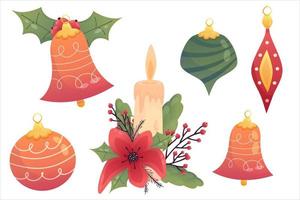 hygge aconchegante conjunto de natal com brinquedos, vela e sino de azevinho. ilustração em vetor plana dos desenhos animados. ilustração vetorial isolado. decoração de natal de férias. elementos aconchegantes de natal