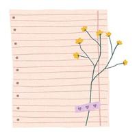 uma folha de papel de caderno. papel para cartas, flores e uma folha de papel texturizado ao fundo. ilustração vetorial, estilo simples. vetor