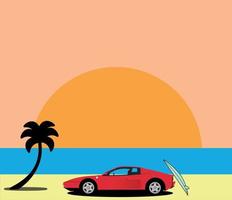 supercarro com prancha de surf na praia com pôr do sol vetor