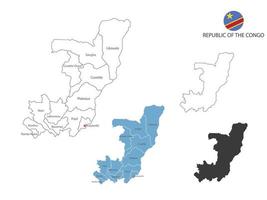 4 estilo de ilustração vetorial de mapa da república do congo tem toda a província e marca a capital da república do congo. pelo estilo de simplicidade de contorno preto fino e estilo de sombra escura. vetor