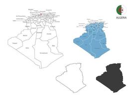 4 estilo de ilustração vetorial de mapa da argélia têm todas as províncias e marcam a capital da argélia. pelo estilo de simplicidade de contorno preto fino e estilo de sombra escura. isolado no fundo branco. vetor