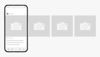 smartphone com interface de rede social de fotos na tela. celular e molduras para fotografias da web com símbolo de câmera. ilustração vetorial realista para publicidade de aplicativos móveis. vetor