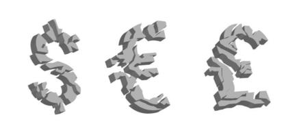 símbolos de moeda quebrados. volume 3d sinais rachados de dólar e euro colapso libra esterlina moeda bancária desvalorização econômica vetor projeto de falência