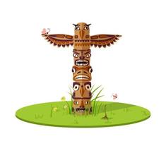 totem pássaros fantásticos na ilustração do gramado. antiga estátua de madeira nativa americana de criaturas míticas etnicamente pintadas em clareira de vetor verde abandonada.