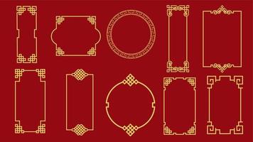conjunto de várias molduras de porcelana dourada tradicional isoladas em fundo vermelho. coleção de ilustração plana de vetor de fronteira retrô chinês diferente. canto decorativo vintage amarelo