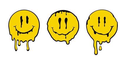 emoções amarelas sorridentes derretidas. rosto positivo se espalhando em gotas vetor