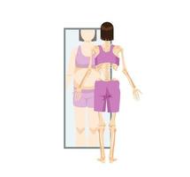 anorexia e plenitude. o esqueleto da mulher na frente do espelho vê seu reflexo como uma perda de peso paranóica obsessiva e um vetor de transtornos mentais.