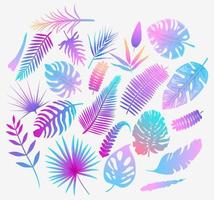 conjunto de ilustração vetorial de folhas de samambaia tropical na cor roxa, amarela, luz azul .exotic art design. fundo decorativo de elemento decorativo natural para impressão têxtil e decoração. vetor