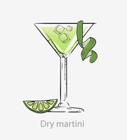 coquetel de martini seco. coquetel, verde com fatia casca verde limão aperitivo alcoólico à base de vodka vermute seco azeitonas limão servido em vetor vidro martini gelo categoria new era drinks.