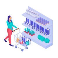 ilustração isométrica de compras de supermercado. personagem com carrinho compra produtos e coisas na loja. vetor