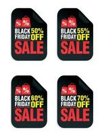 conjunto de adesivos de venda sexta-feira negra. venda de sexta-feira negra 50, 55, 60, 70 com sacolas de compras vetor