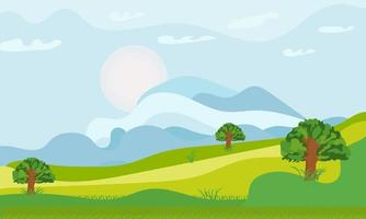 cena verde de paisagem de prado em branco na hora do pôr do sol, fundo de natureza selvagem, ilustração de papel de parede de paisagem vetor