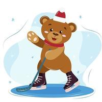 filhote de urso fofo com chapéu de ano novo jogando hóquei, entretenimento de inverno vetor