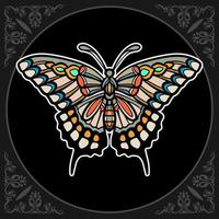 artes de mandala de borboleta linda colorida. isolado no fundo preto vetor