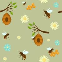 abelhas em favo de mel amarelo padrão sem emenda mel, abelha, colmeia, casa de abelhas de favo de mel. ilustração em vetor vintage cor gravada. isolado no fundo com flores