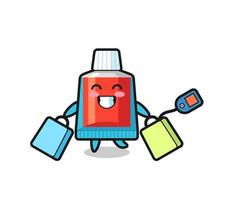 desenho de mascote de pasta de dente segurando uma sacola de compras vetor