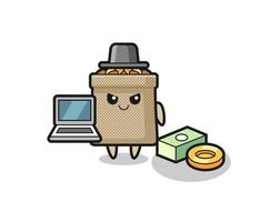 ilustração de mascote de saco de trigo como hacker vetor