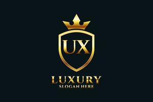 logotipo de monograma de luxo elegante ux inicial ou modelo de crachá com pergaminhos e coroa real - perfeito para projetos de marca luxuosos vetor