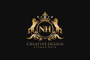 crista dourada retrô inicial do nh com círculo e dois cavalos, modelo de crachá com pergaminhos e coroa real - perfeito para projetos de marca luxuosos vetor