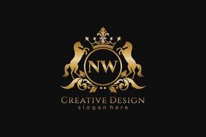 crista dourada retrô inicial nw com círculo e dois cavalos, modelo de crachá com pergaminhos e coroa real - perfeito para projetos de marca luxuosos vetor
