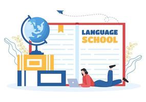 modelo de escola de idiomas ilustração plana de desenhos animados desenhados à mão de aprendizado on-line, cursos, programa de treinamento e estudo de línguas estrangeiras no exterior vetor