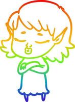 linha de gradiente de arco-íris desenhando uma linda garota elfa de desenho animado com braços cruzados vetor