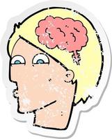 adesivo retrô angustiado de uma cabeça de desenho animado com símbolo do cérebro vetor