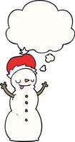 boneco de neve de natal dos desenhos animados e balão de pensamento vetor