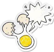 adesivo em apuros de ovo rachado de desenho animado e bolha de fala vetor