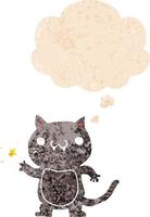 gato de desenho animado coçando e balão de pensamento em estilo retrô texturizado vetor