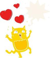 gato de desenho animado louco apaixonado e bolha de fala em estilo retrô vetor