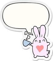 coelho de desenho animado fofo e coração de amor e xícara de café e adesivo de bolha de fala vetor