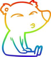 desenho de linha de gradiente de arco-íris desenho de desenho animado urso assobiando sentado vetor