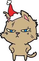 desenho de linha difícil de um gato usando chapéu de papai noel vetor