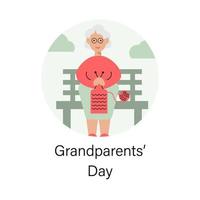 mulher idosa tricotando em um banco. cartão de feliz dia dos avós. ilustração vetorial vetor