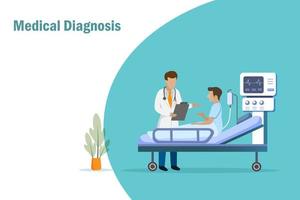 diagnóstico médico e dar consulta ao paciente na cama do hospital. conceito médico, de saúde e seguro de saúde. vetor