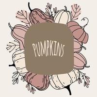 quadro de outono vetorial sazonal do festival de ação de graças e colheita com abóboras, plantas e folhas. design moderno de outono em estilo doodle. vetor