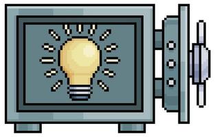 Cofre de pixel art com lâmpada, ícone de vetor de cofre de ideia salvo para jogo de 8 bits em fundo branco