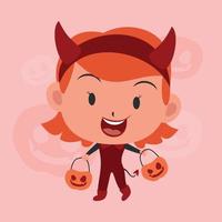 crianças de personagem de halloween planas fofas em traje vermelho mal vetor