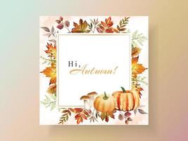 cartão de outono com abóbora e cogumelo e pássaro e aquarela de folhas vetor
