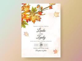 cartão de convite de casamento outono com abóbora e cogumelo e pássaro e aquarela de folhas vetor