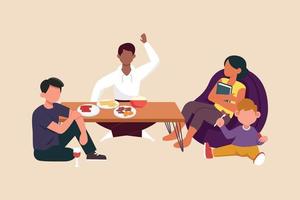três pessoas e uma criança comendo com a família com cor de pele diferente. conceito de diversidade. ilustração vetorial plana isolada. vetor