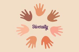 sete mãos estendidas abertas, mostrando cinco dedos, com uma cor de pele diferente. conceito de diversidade. ilustração vetorial plana isolada.